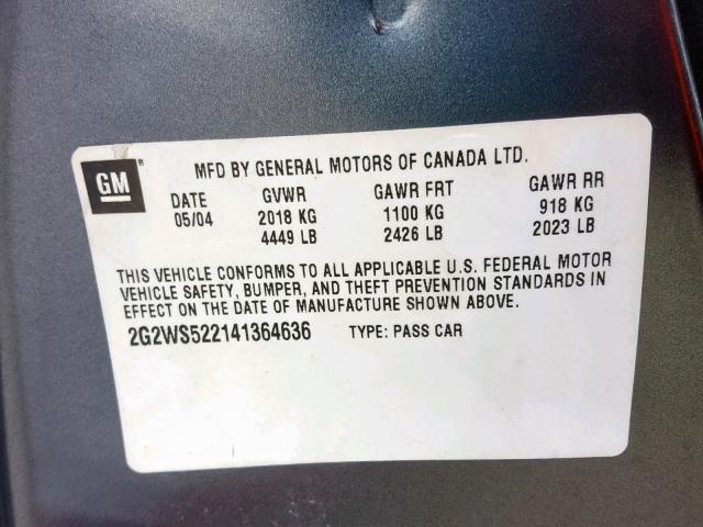 2G2WS522141364636 - 2004 PONTIAC GRAND PRIX GRAY photo 10