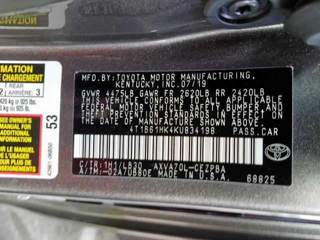 4T1B61HK4KU834198 - 2019 TOYOTA CAMRY XSE  photo 10