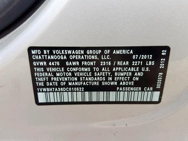 1VWBH7A36DC010522 - 2013 VOLKSWAGEN PASSAT SE SILVER photo 10