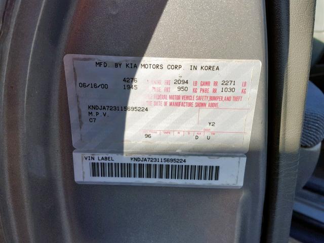 KNDJA723115695224 - 2001 KIA SPORTAGE SILVER photo 10