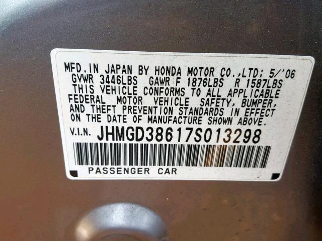 JHMGD38617S013298 - 2007 HONDA FIT S GRAY photo 10