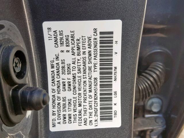 2HGFC2F82KH516208 - 2019 HONDA CIVIC SPOR GRAY photo 10