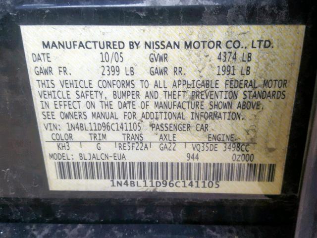 1N4BL11D96C141105 - 2006 NISSAN ALTIMA SE BLACK photo 10