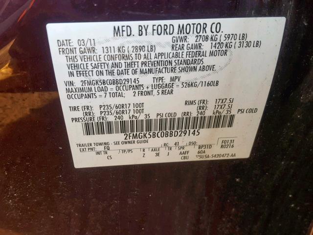 2FMGK5BC0BBD29145 - 2011 FORD FLEX SE MAROON photo 10