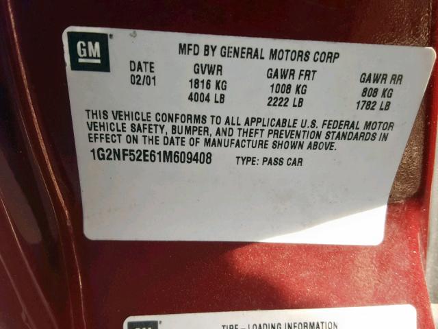 1G2NF52E61M609408 - 2001 PONTIAC GRAND AM S MAROON photo 10