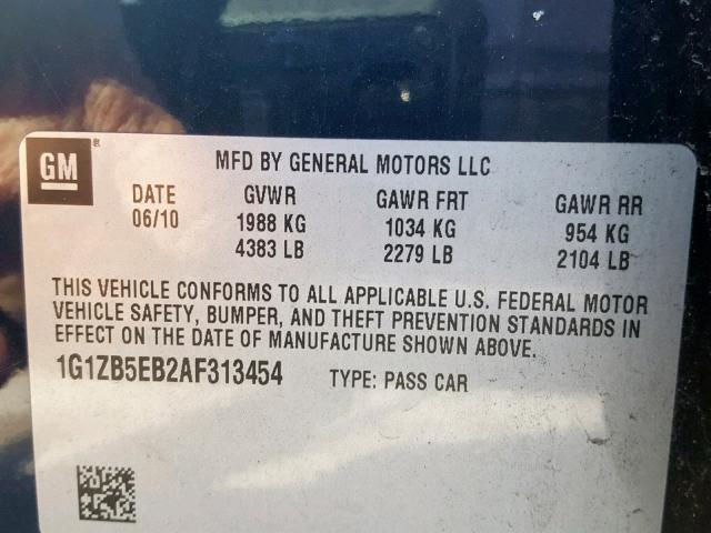 1G1ZB5EB2AF313454 - 2010 CHEVROLET MALIBU LS BLUE photo 10