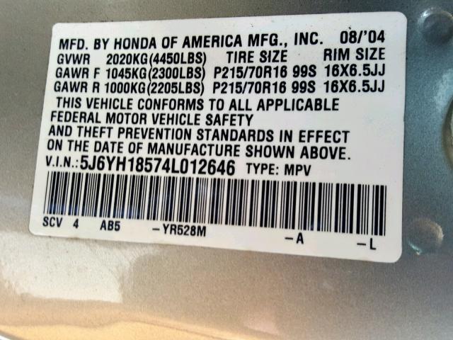 5J6YH18574L012646 - 2004 HONDA ELEMENT EX SILVER photo 10