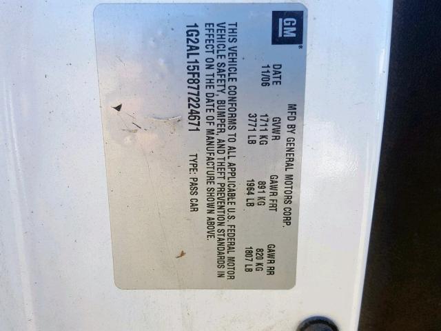 1G2AL15F877224671 - 2007 PONTIAC G5 WHITE photo 10