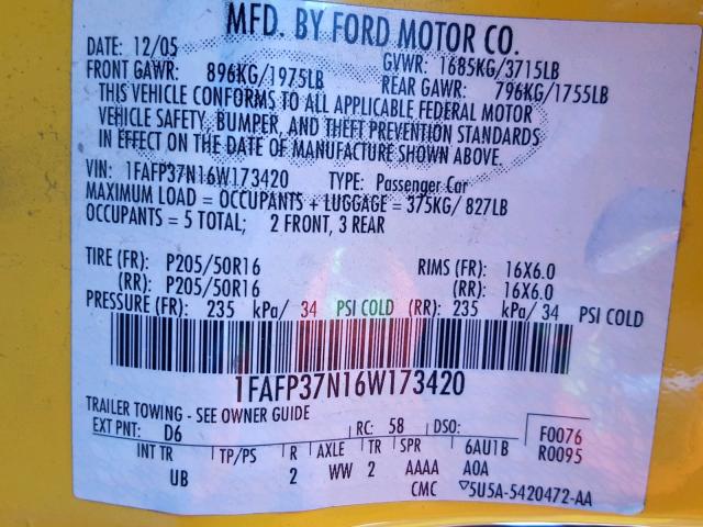 1FAFP37N16W173420 - 2006 FORD FOCUS ZX5 YELLOW photo 10