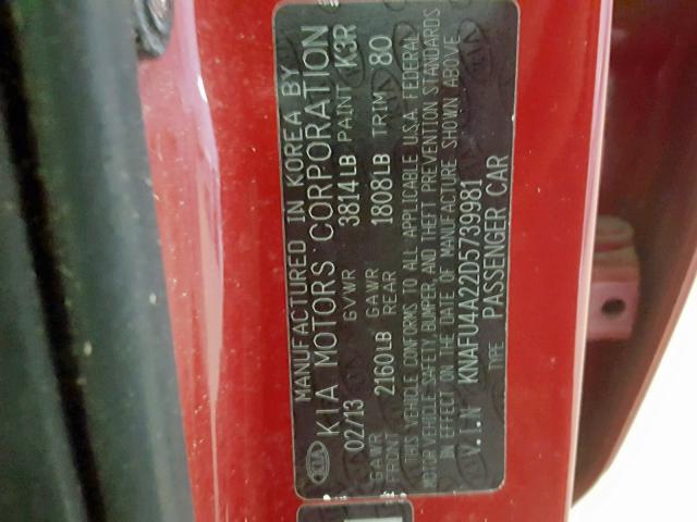 KNAFU4A22D5739981 - 2013 KIA FORTE EX RED photo 10