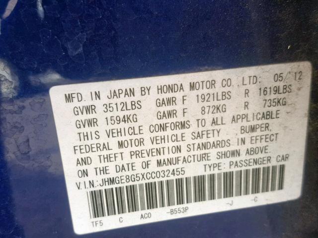 JHMGE8G5XCC032455 - 2012 HONDA FIT SPORT BLUE photo 10