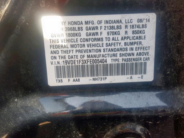 19VDE1F3XFE005404 - 2015 ACURA ILX 20 BLACK photo 10