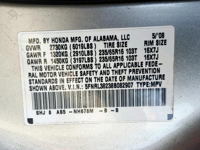 5FNRL38238B082907 - 2008 HONDA ODYSSEY LX SILVER photo 10