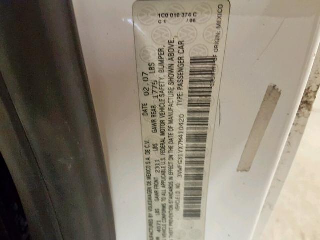 3VWFG31YX7M410420 - 2007 VOLKSWAGEN NEW BEETLE WHITE photo 10