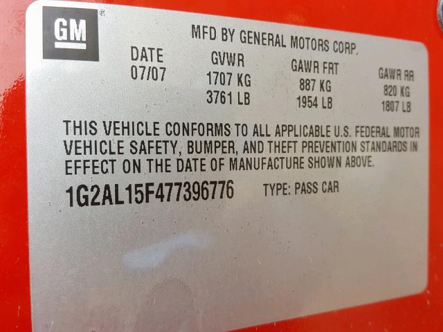 1G2AL15F477396776 - 2007 PONTIAC G5 RED photo 10