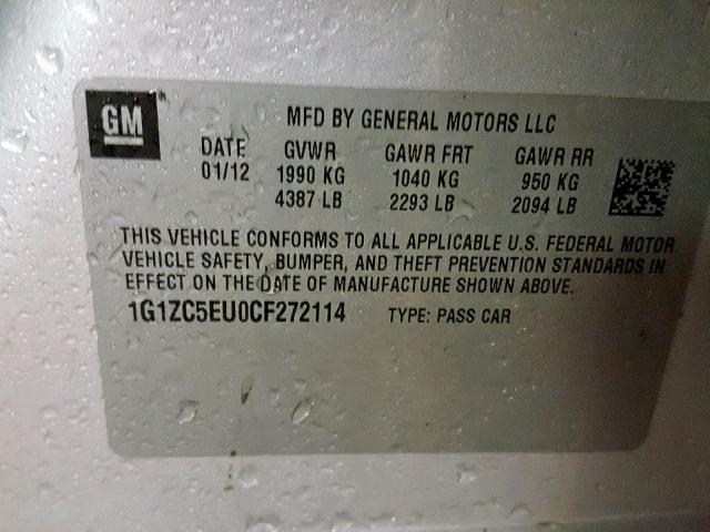 1G1ZC5EU0CF272114 - 2012 CHEVROLET MALIBU 1LT SILVER photo 10