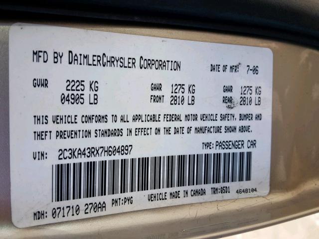 2C3KA43RX7H604897 - 2007 CHRYSLER 300 GOLD photo 10