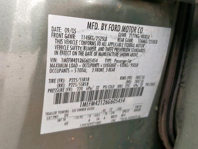 1MEFM42126G605454 - 2006 MERCURY MONTEGO PR GREEN photo 10