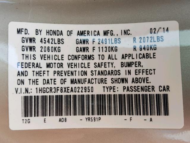 1HGCR3F8XEA022950 - 2014 HONDA ACCORD EXL TAN photo 10