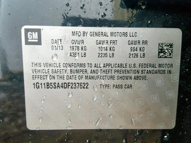 1G11B5SA4DF237622 - 2013 CHEVROLET MALIBU LS BLACK photo 10