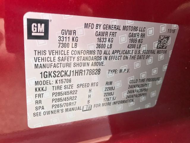 1GKS2CKJ1HR178828 - 2017 GMC YUKON DENA BURGUNDY photo 10