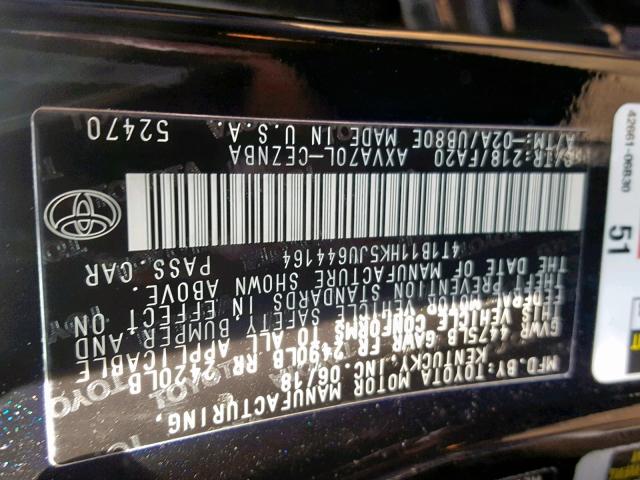 4T1B11HK5JU644164 - 2018 TOYOTA CAMRY L BLACK photo 10