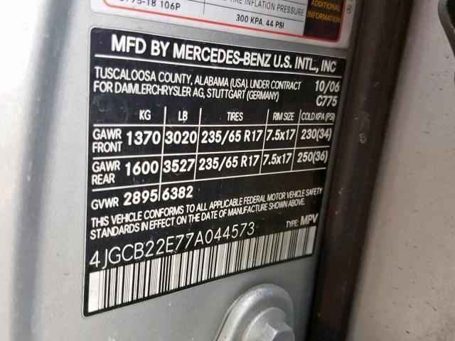 4JGCB22E77A044573 - 2007 MERCEDES-BENZ R 320 CDI SILVER photo 10