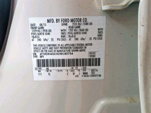 2FMDK4GC0DBC85754 - 2013 FORD EDGE SE CREAM photo 10