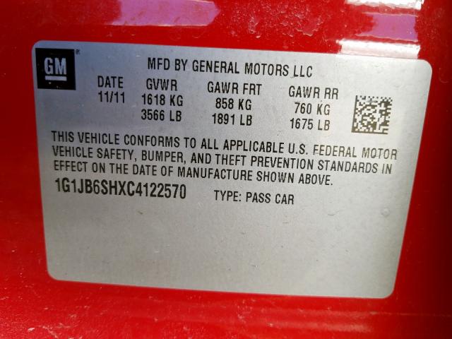 1G1JB6SHXC4122570 - 2012 CHEVROLET SONIC LS  photo 10