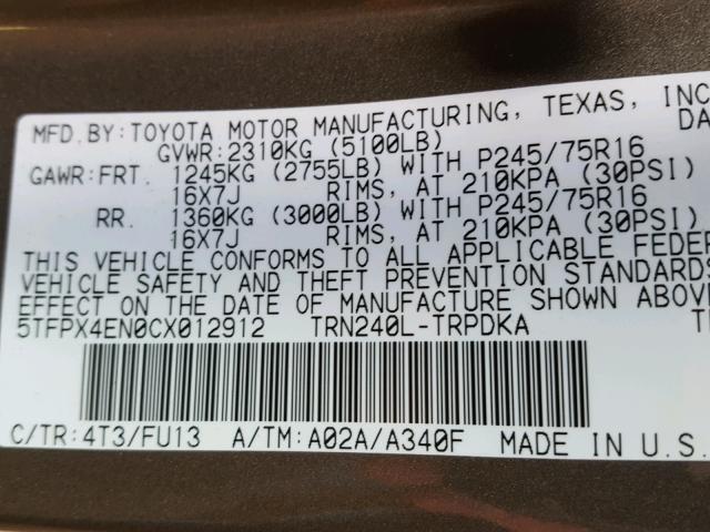5TFPX4EN0CX012912 - 2012 TOYOTA TACOMA BROWN photo 10
