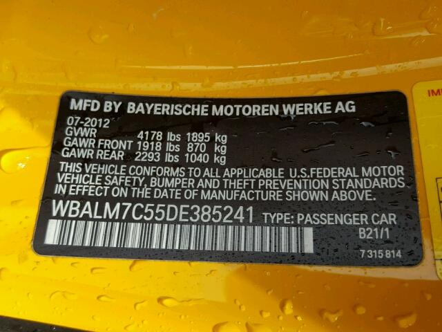 WBALM7C55DE385241 - 2013 BMW Z4 SDRIVE3 YELLOW photo 10