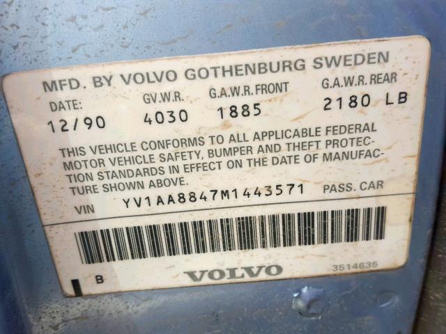 YV1AA8847M1443571 - 1991 VOLVO 240 BLUE photo 10