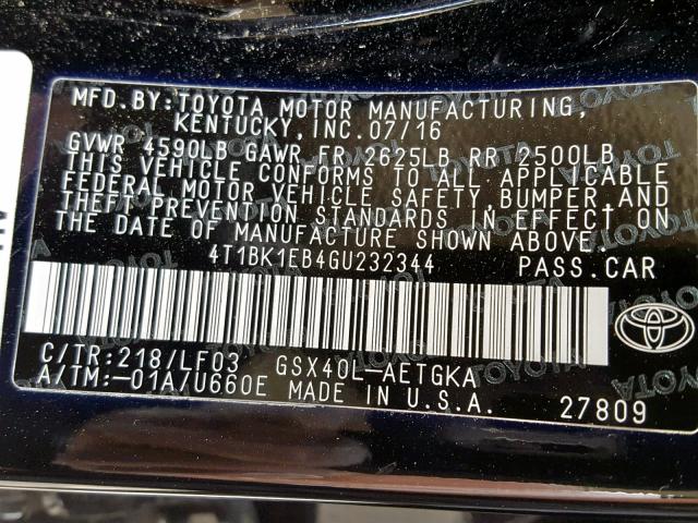 4T1BK1EB4GU232344 - 2016 TOYOTA AVALON XLE BLACK photo 10