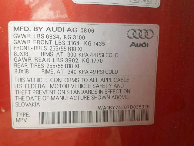 WA1BY74L07D035326 - 2007 AUDI Q7 3.6 QUA RED photo 10