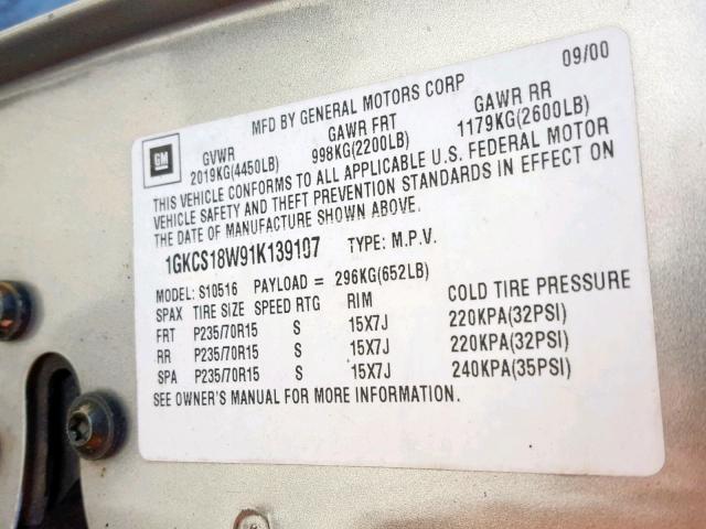 1GKCS18W91K139107 - 2001 GMC JIMMY TAN photo 10