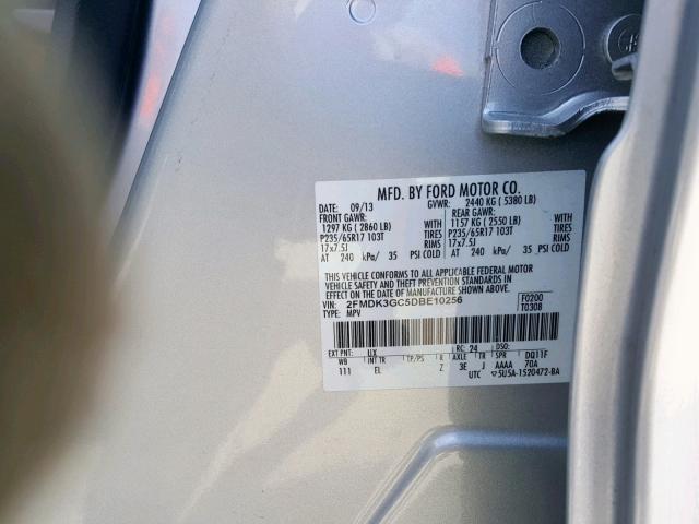 2FMDK3GC5DBE10256 - 2013 FORD EDGE SE SILVER photo 10