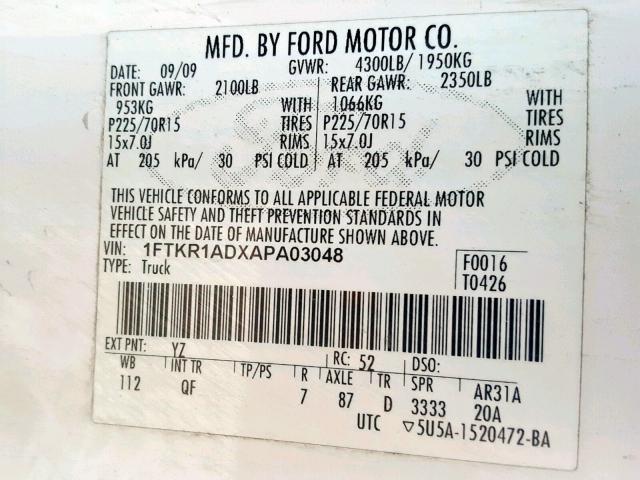 1FTKR1ADXAPA03048 - 2010 FORD RANGER WHITE photo 10