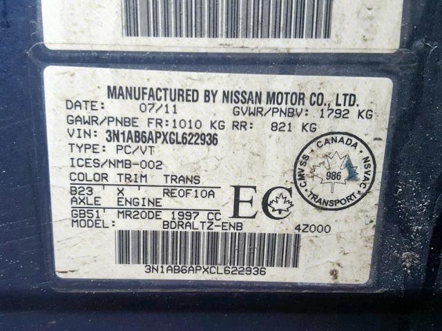 3N1AB6APXCL622936 - 2012 NISSAN SENTRA 2.0 BLUE photo 10