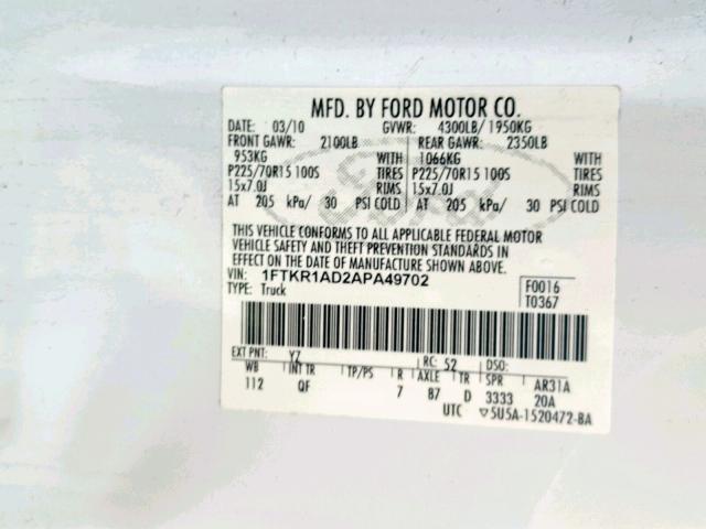 1FTKR1AD2APA49702 - 2010 FORD RANGER WHITE photo 10