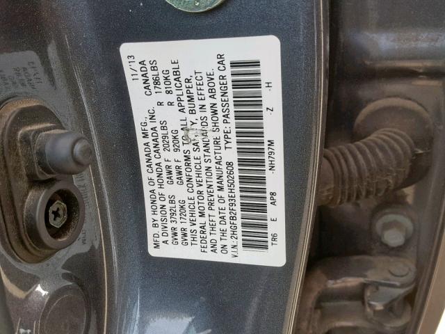 2HGFB2F93EH502608 - 2014 HONDA CIVIC EXL GRAY photo 10