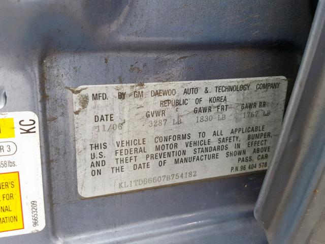 KL1TD66607B754182 - 2007 CHEVROLET AVEO BASE ლურჯი ფოტო 10