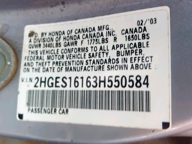 2HGES16163H550584 - 2003 HONDA CIVIC DX SILVER photo 10