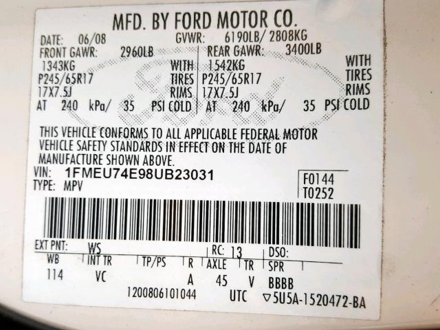 1FMEU74E98UB23031 - 2008 FORD EXPLORER E WHITE photo 10