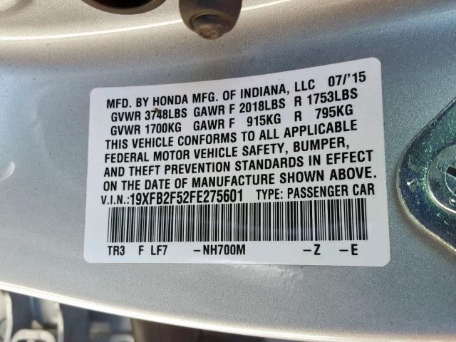 19XFB2F52FE275601 - 2015 HONDA CIVIC LX SILVER photo 10