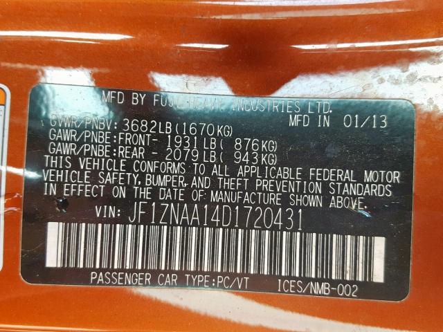 JF1ZNAA14D1720431 - 2013 TOYOTA SCION FR-S ORANGE photo 10
