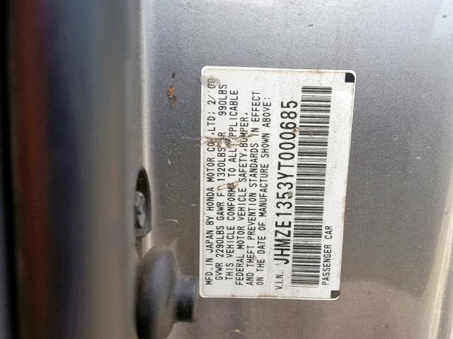 JHMZE1353YT000685 - 2000 HONDA INSIGHT GRAY photo 10