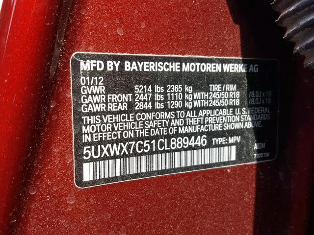 5UXWX7C51CL889446 - 2012 BMW X3 XDRIVE3 RED photo 10