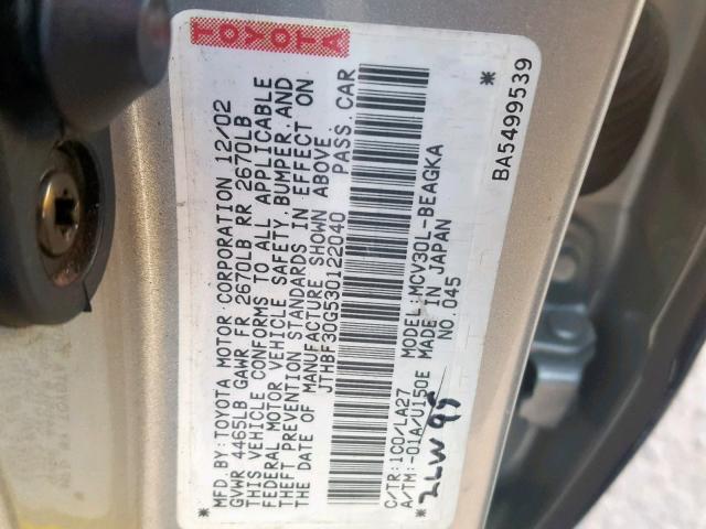 JTHBF30G530122040 - 2003 LEXUS ES 300 SILVER photo 10