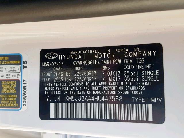 KM8J33A44HU447588 - 2017 HYUNDAI TUCSON LIM WHITE photo 10