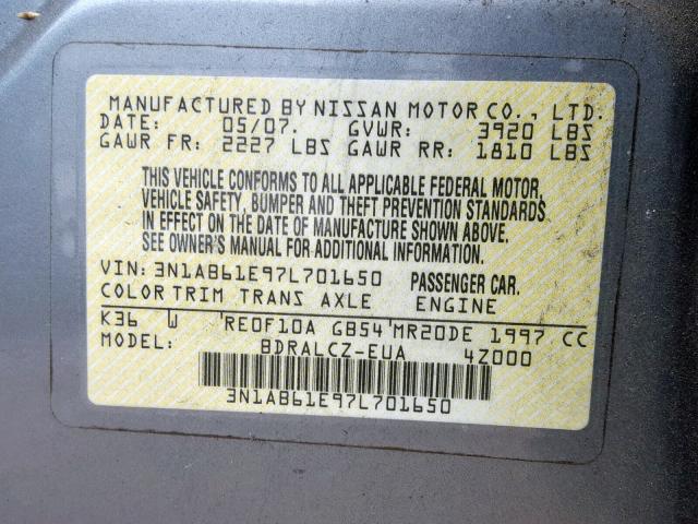 3N1AB61E97L701650 - 2007 NISSAN SENTRA 2.0 BLUE photo 10